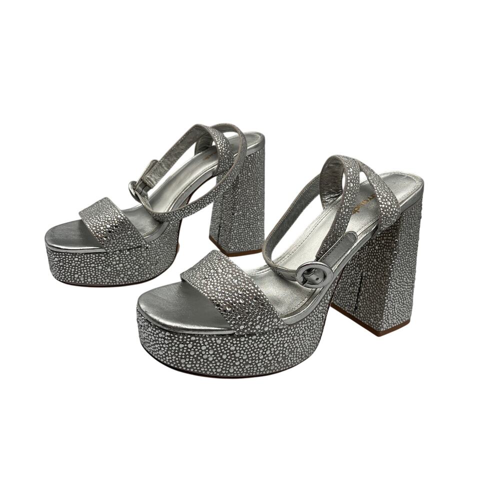 Larroude Dolly Crystal Ankle Strap Block Heels Platform Sandals Silver Size 8.5